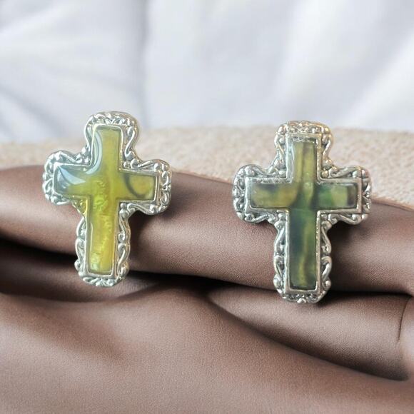 Vintage Silver Cross Tigerseye Inlay Post Earrings - Picture 1 of 4